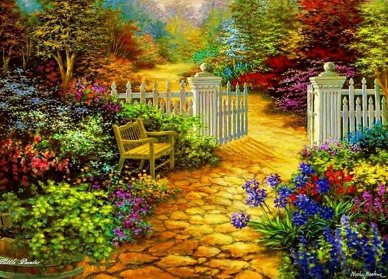 TIME FOR RELAX, art, paintings, enchanting nature, flowers, bench ...