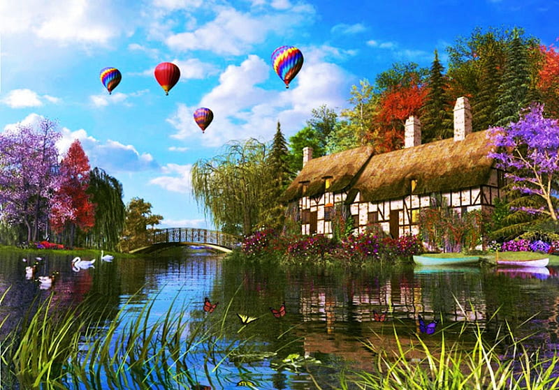 Balloons Over Cottage Pond Painting Sky Bridge Hd Wallpaper Peakpx