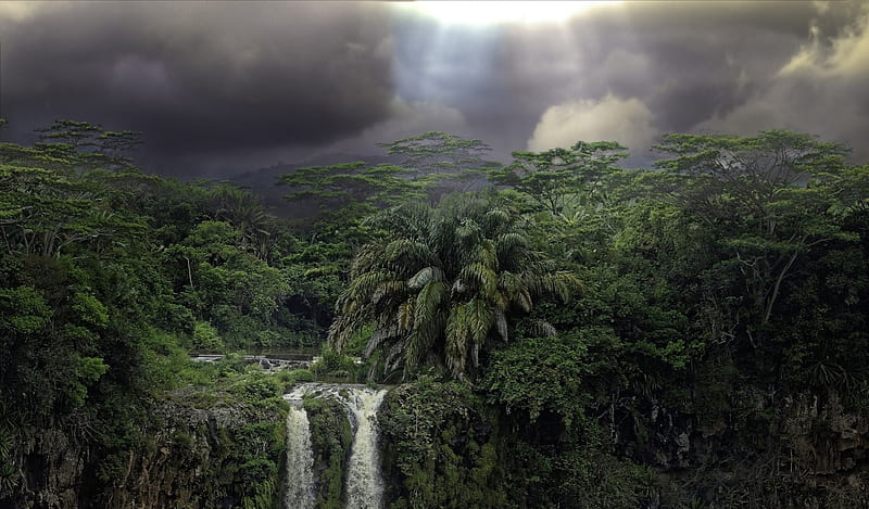 Dark Clouds over Tropical Rainforest Waterfalls, Waterfalls, Trees, Clouds,  Forests, HD wallpaper | Peakpx