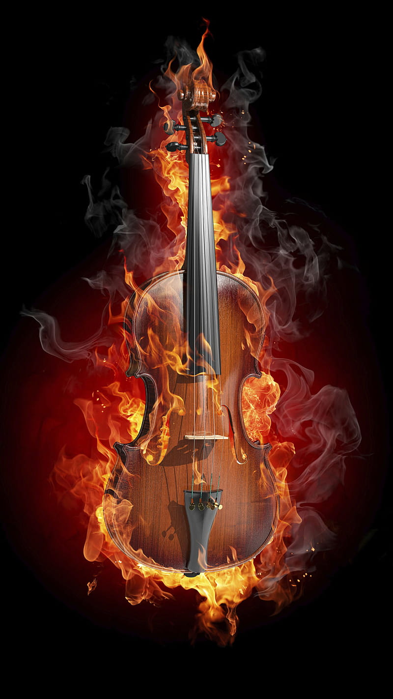 violin on fire, instrument, music, HD phone wallpaper