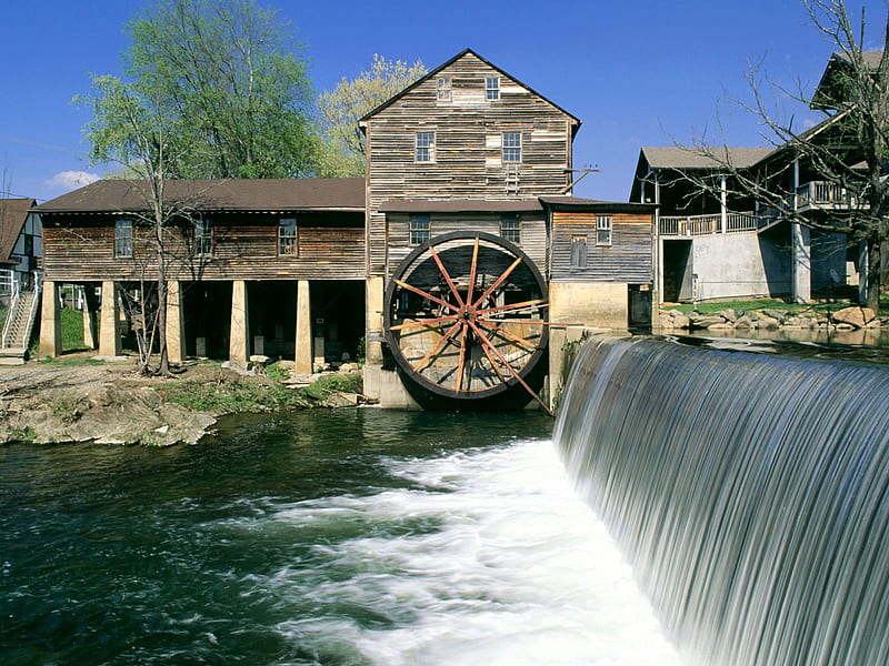 The Old Mill Pigeon Forge, forest, house, tennessee, water, watermill, mill, falls, HD wallpaper
