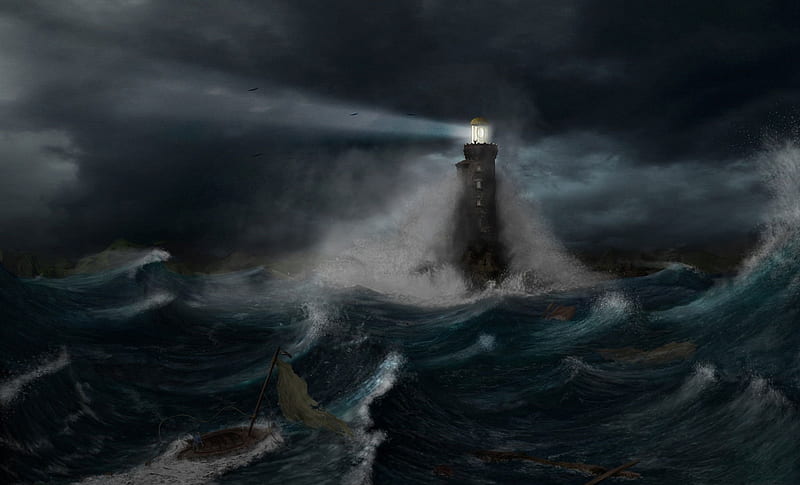 Lighthouse, fantasy, ocean, dark, HD wallpaper