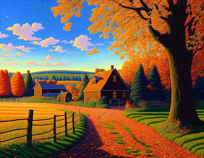 Autumn farmhouse, Countryside, House, Hills, Tree, HD wallpaper