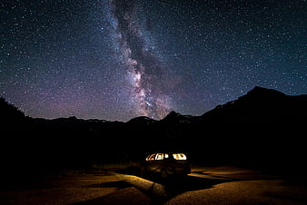 Black vehicle, Starry sky, Night, Car HD wallpaper