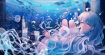 Mobile wallpaper: Anime, Jellyfish, Girl, Book, Fish, Blonde, Underwater,  Bubble, 939622 download the picture for free.