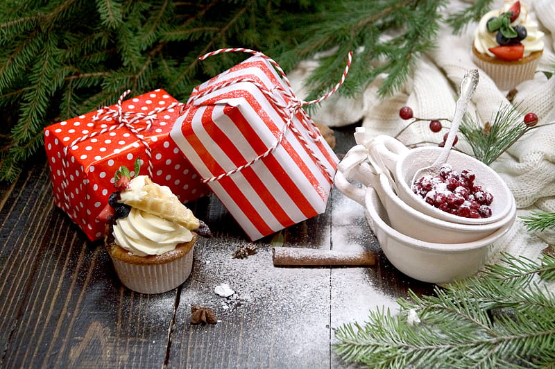 Holiday, Christmas, Berry, Cranberry, Cupcake, Gift, HD wallpaper