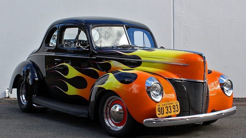 1940 Ford Deluxe Hot Rod F189, 2 Door, Flames, Yellow, Black, REd, Orange, Chrome, Grill, Baby Moon Hubcaps, Wheel Covers, Sweet, Beauty, Headlights, HD wallpaper