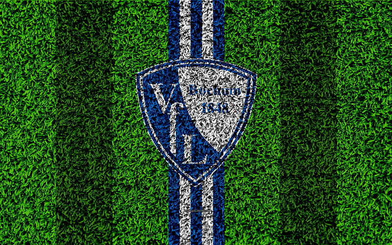 Bochum FC German football club, football lawn, logo, emblem, blue white lines, Bundesliga 2, Bochum, Germany, football, grass texture, VfL Bochum 1848, HD wallpaper