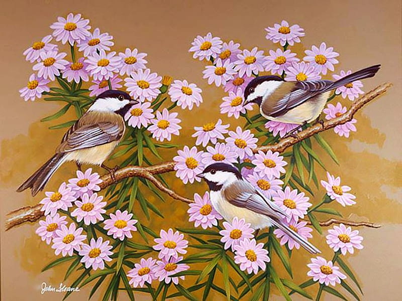 Chickadees, painting, birds, songbirds, flowers, blossoms, petals, artwork, HD wallpaper