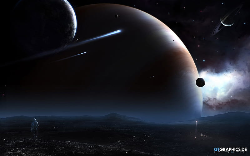 Stranded, ships, planets, moons, 3d, space, futuristic, tobias roetsch, HD wallpaper