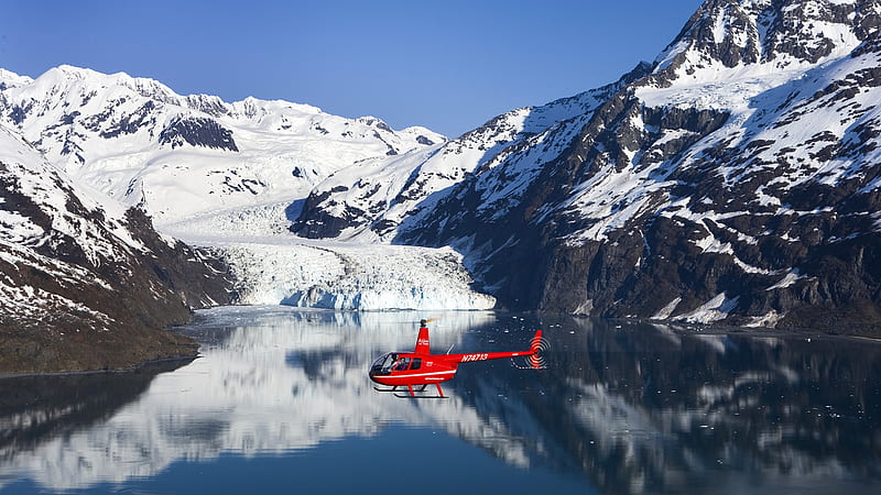 red chopper, red, helicopter, winter, cold, aircraft, graphy, water, snow, mountains, nature, reflection, HD wallpaper