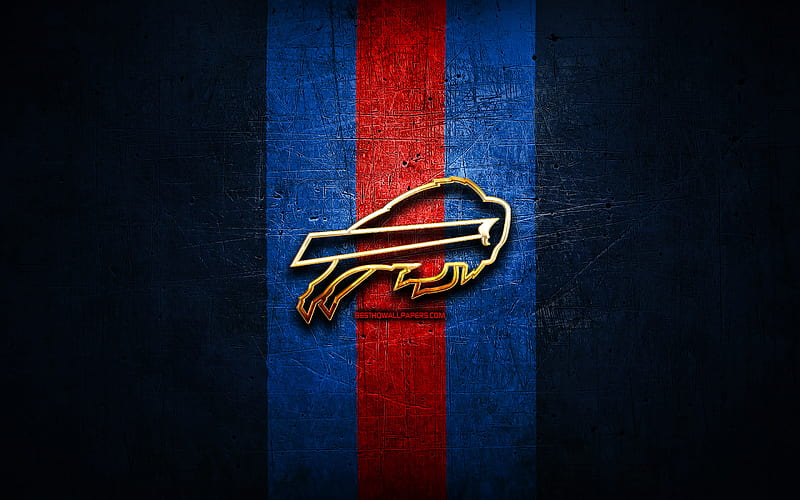 Buffalo Bills, golden logo, NFL, blue metal background, american football club, Buffalo Bills logo, american football, USA, HD wallpaper