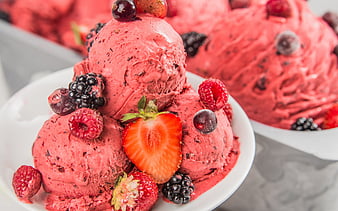fruit ice cream, strawberries, forest berries, dessert, sweets, ice cream, HD wallpaper