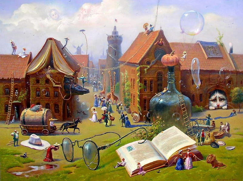 Lilliput, houses, glasses, book, barrel, cat, horse, artwork, people, painting, HD wallpaper