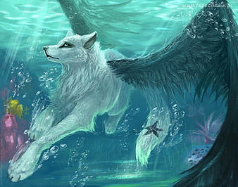 anime black and white wolf with wings