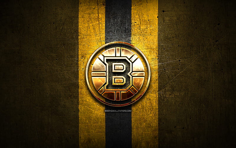 Boston Bruins, golden logo, NHL, yellow metal background, american hockey team, National Hockey League, Boston Bruins logo, hockey, USA, HD wallpaper