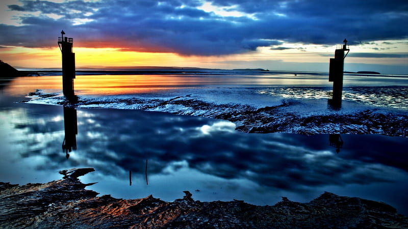 sunset on the seashore r, sunset, buoys, shore, r, HD wallpaper