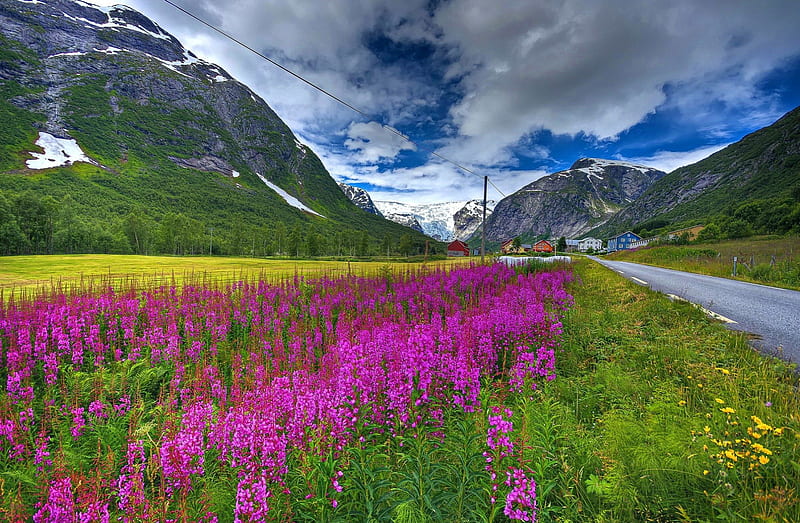 Mountain village, hills, rocks, lovely, grass, houses, traves, bonito, sky, clouds, countryside, trip, flowers, village, nature, road, meadow, HD wallpaper