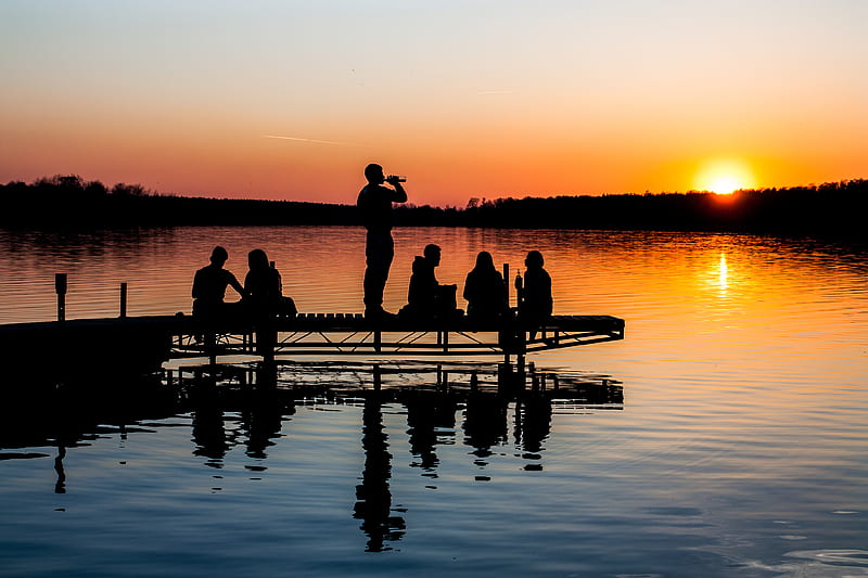group of people on wooden dock during sunset in silhouette graphy, HD wallpaper