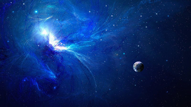 Blue explosion, planet, space, blue, fantasy, luminos, cosmos, HD wallpaper