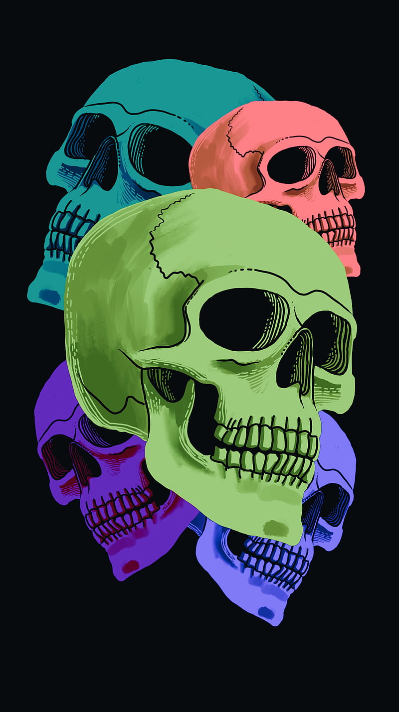 Five Dead II, My, art, badass, black, bones, colors, death, digital, drawing, muerte, occult, oled, skull, skulls, true black, HD phone wallpaper