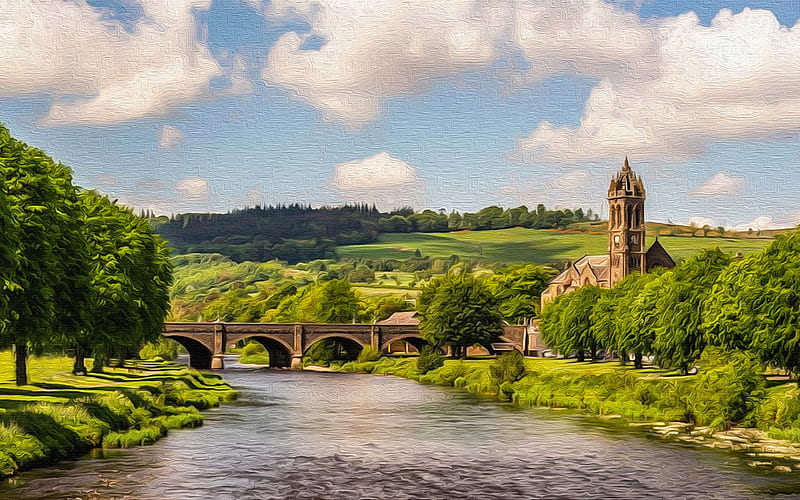 Peebles summer, bridge, oil painting, Scotland, United Kingdom, HD wallpaper