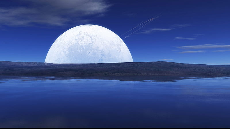 Big moon in the horizon, space, bonito, clouds, nice, moon, mirror, reflection, moonlit, blue, night, amazing, lakes, horizon, sky, water, cool, moonlight, awesome, white, HD wallpaper