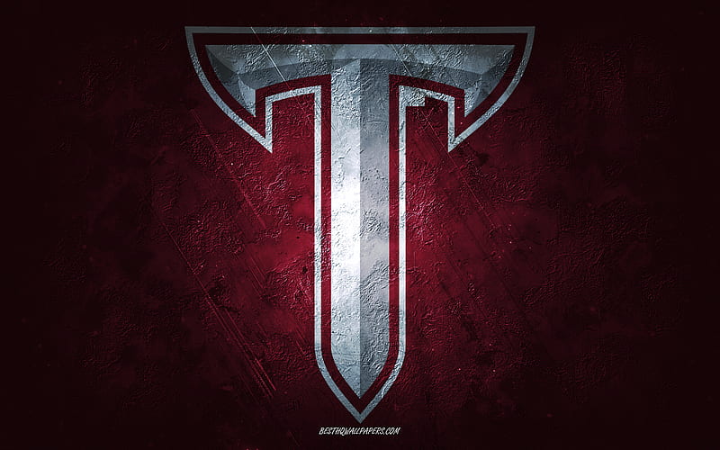 Troy Trojans, American football team, burgundy background, Troy Trojans logo, grunge art, NCAA, American football, Troy Trojans emblem, HD wallpaper
