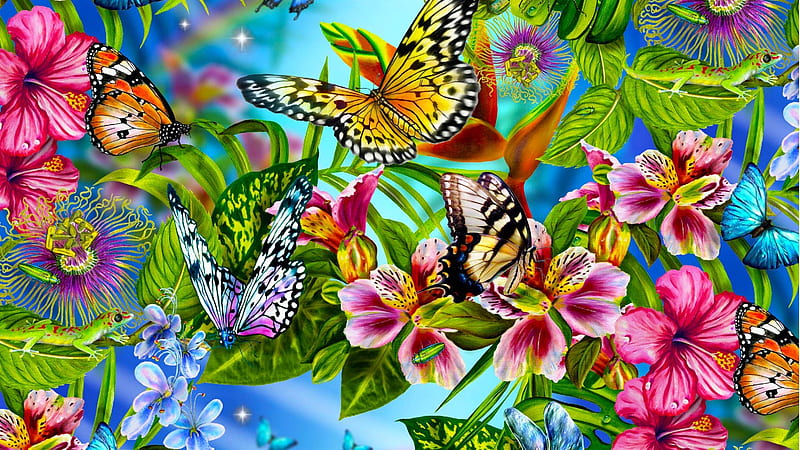 Flowers and butterflies, colorful, art, lori schory, exotic, hibiscus, butterfly, painting, summer, flower, garden, pictura, pink, blue, HD wallpaper