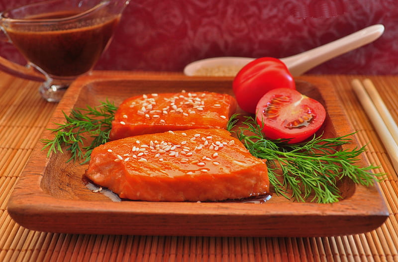 Salmon Dish, plate, wooden, dill, salmon, HD wallpaper