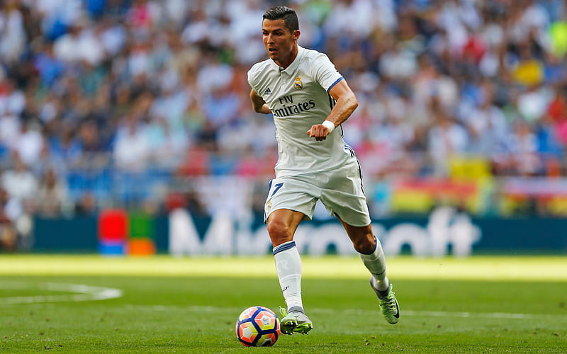 Cristiano Ronaldo, Portuguese footballer, Real Madrid, dribbling, football, stadium, Spain, HD wallpaper