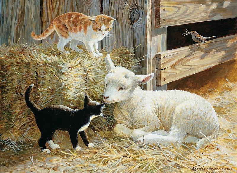 :), lamb, painting, cat, art, persis clayton weirs, hay, sheep, cute, bird, pisici, pictura, HD wallpaper