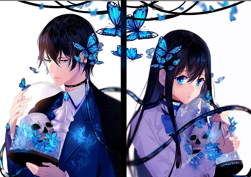 anime couple, romance, butterflies, shoujo, cute, skull, Anime, HD wallpaper
