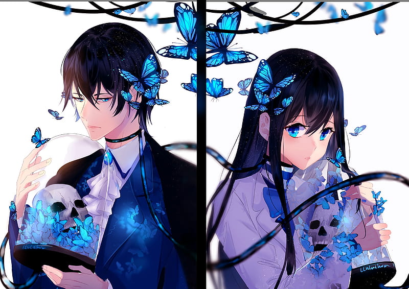 Anime couple, romance, butterflies, shoujo, cute, skull, Anime, HD