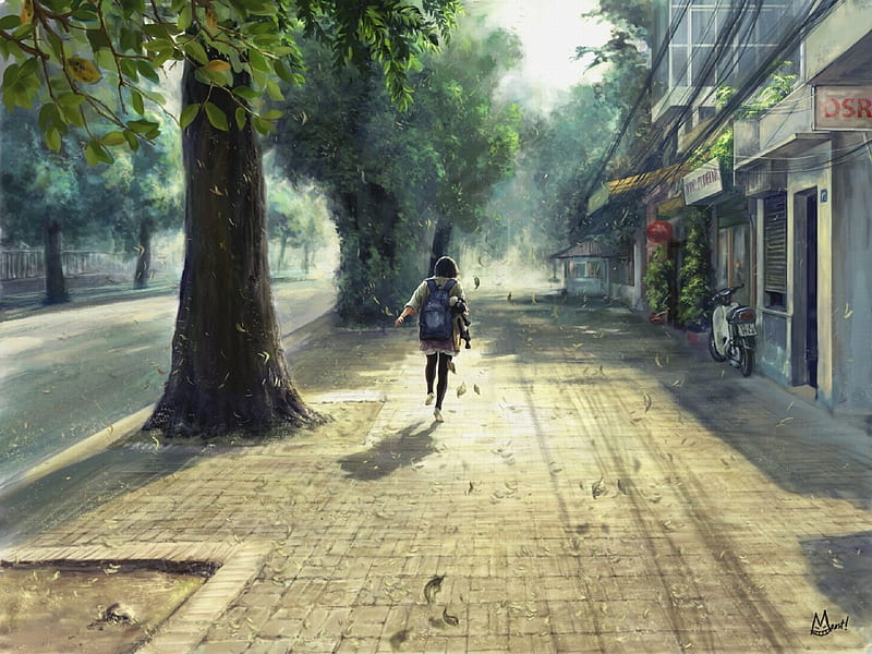 anime girl, running, wind, tree, leaves, street, shops, Anime, HD wallpaper