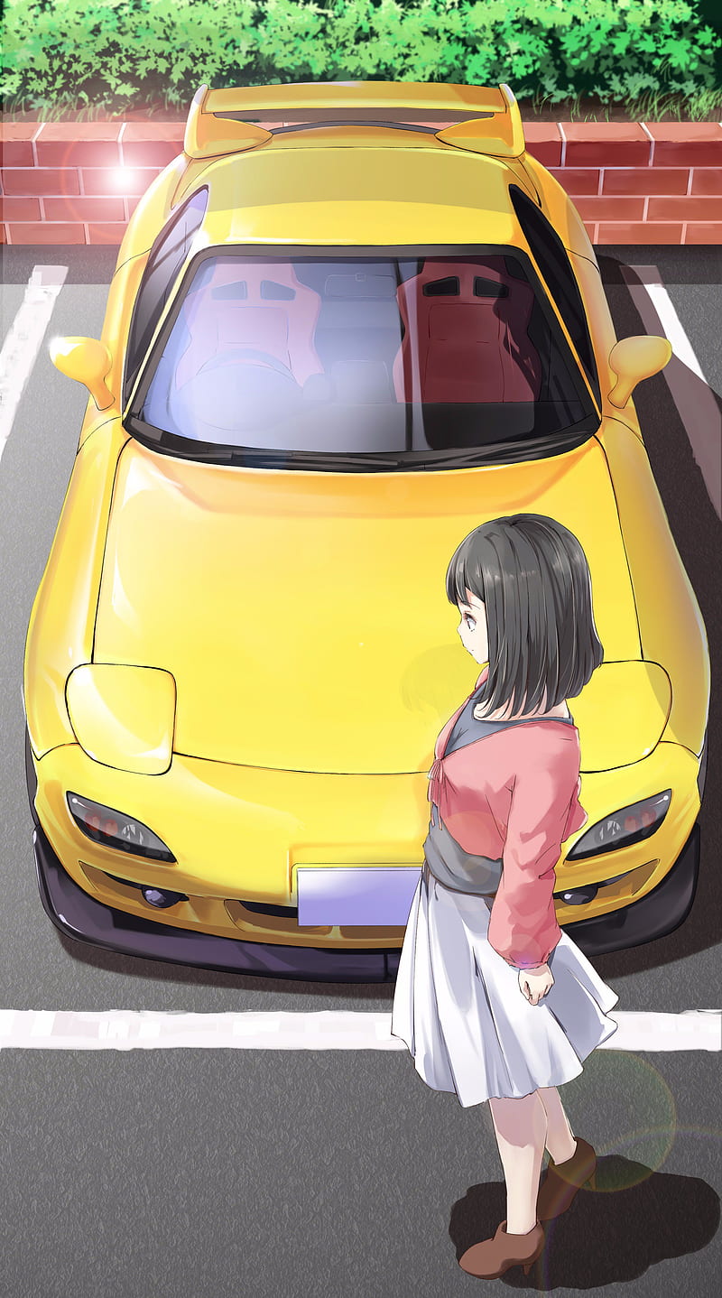 car, anime, anime girls, short hair, vertical, Mazda RX-7, HD phone wallpaper