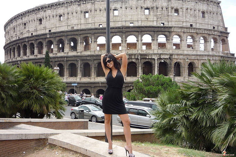 Denise Milani (Rome), colosseum, model, outdoors, black dress, HD wallpaper