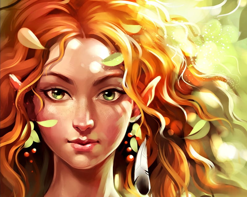 Elf, autumn, orange, redhead, woman, leaf, fantasy, girl, green, feather, face, sharandula, HD wallpaper