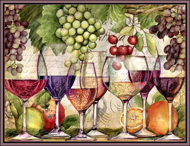 Wine Tasting C, art, apples, bonito, illustration, artwork, oranges, fruit, grapes, painting, wide screen, scenery, crops, HD wallpaper