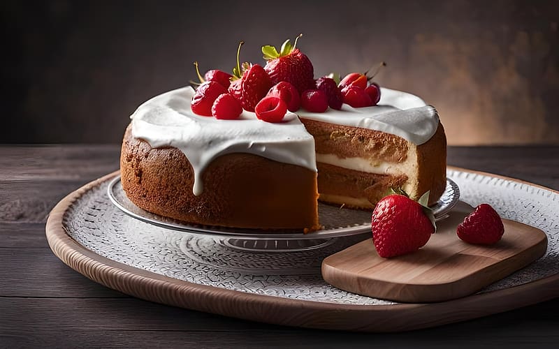 Cake with Berries, AI art, raspberries, cake, strawberries, HD wallpaper