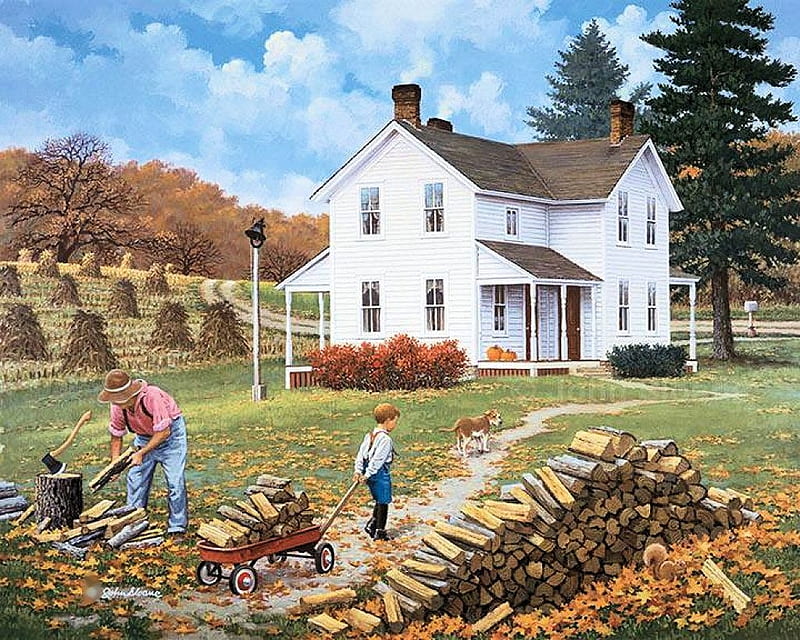 Helping Out, firewood, house, harvest, painting, fields, artwork, HD wallpaper