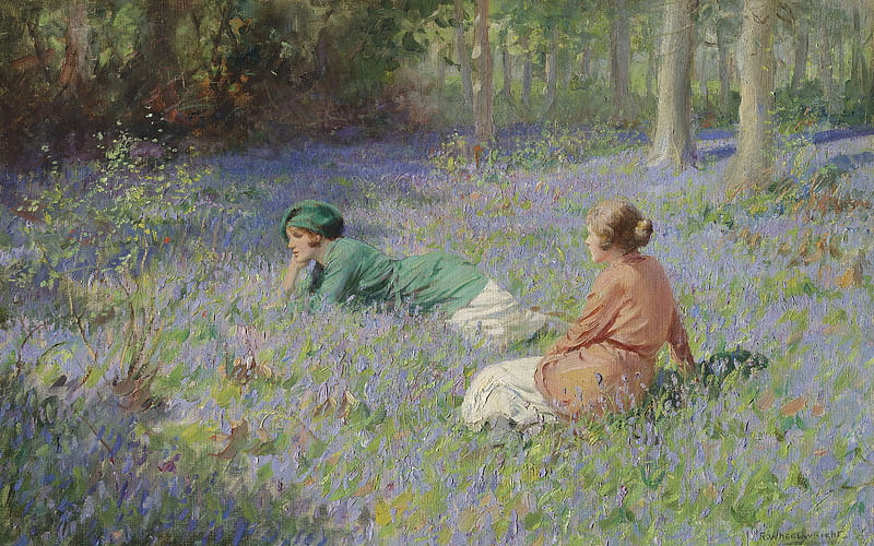 Glade of bluebells, art, rowland wheelwright, girl, glade, painting, woman, bluebell, couple, pictura, HD wallpaper