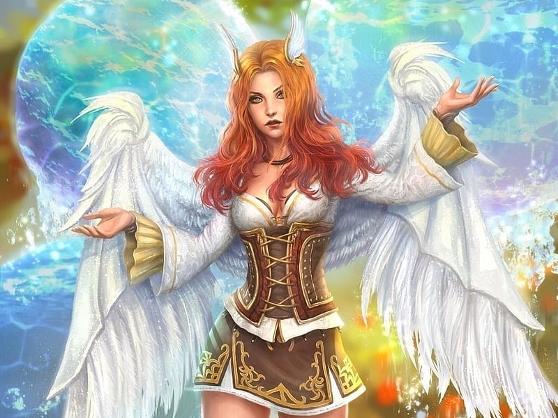 Angel, aruheim, wings, fantasy, luminos, redhead, girl, kriegz, HD wallpaper