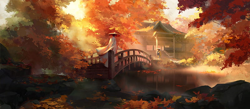 Autumn, man, frumusete, orange, luminos, toamna, superb, marit li, fantasy, bridge, pavilion, asian, gorgeous, HD wallpaper