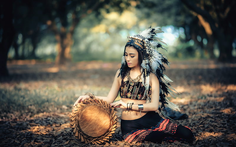 Beauty, girl, model, feather, indian, native, woman, HD wallpaper