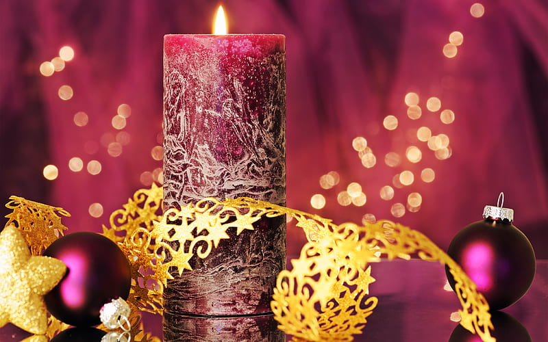 Purple Christmas background, New Year, purple large candle, 2019, burning candle, Merry Christmas, purple Christmas balls, HD wallpaper