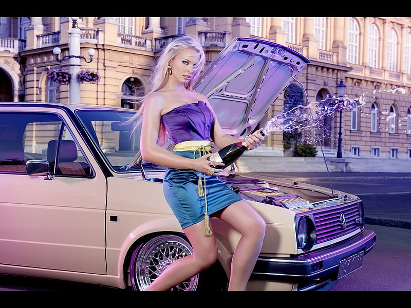 Stranded and Poppin the Cork, Long Hair, Woman, Purplel Rims, Pink Car, Pretty, Building, Purple Tube Top, Spray of Champagne, Short Skirt, Volkswagen, Silky, Blonde, HD wallpaper