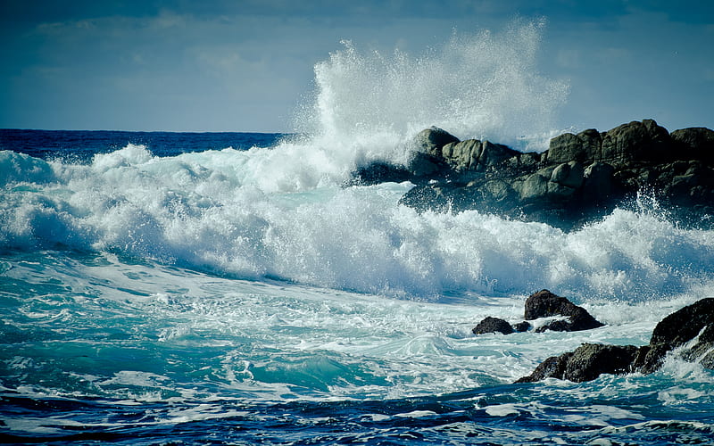 Crashing, rocky, bonito, waves, winter, beach, skies, beaches, nature, coast, blue, HD wallpaper