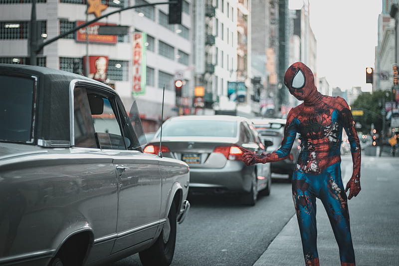 man wearing Spider-Man costume standing on sidewalk with cars on roadway, HD wallpaper