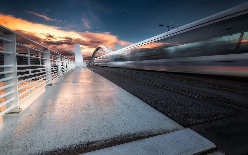 Lyon, Pont Raymond Barre, white bridge, motion blur, city electric train, Rhone-Alpes, France, HD wallpaper